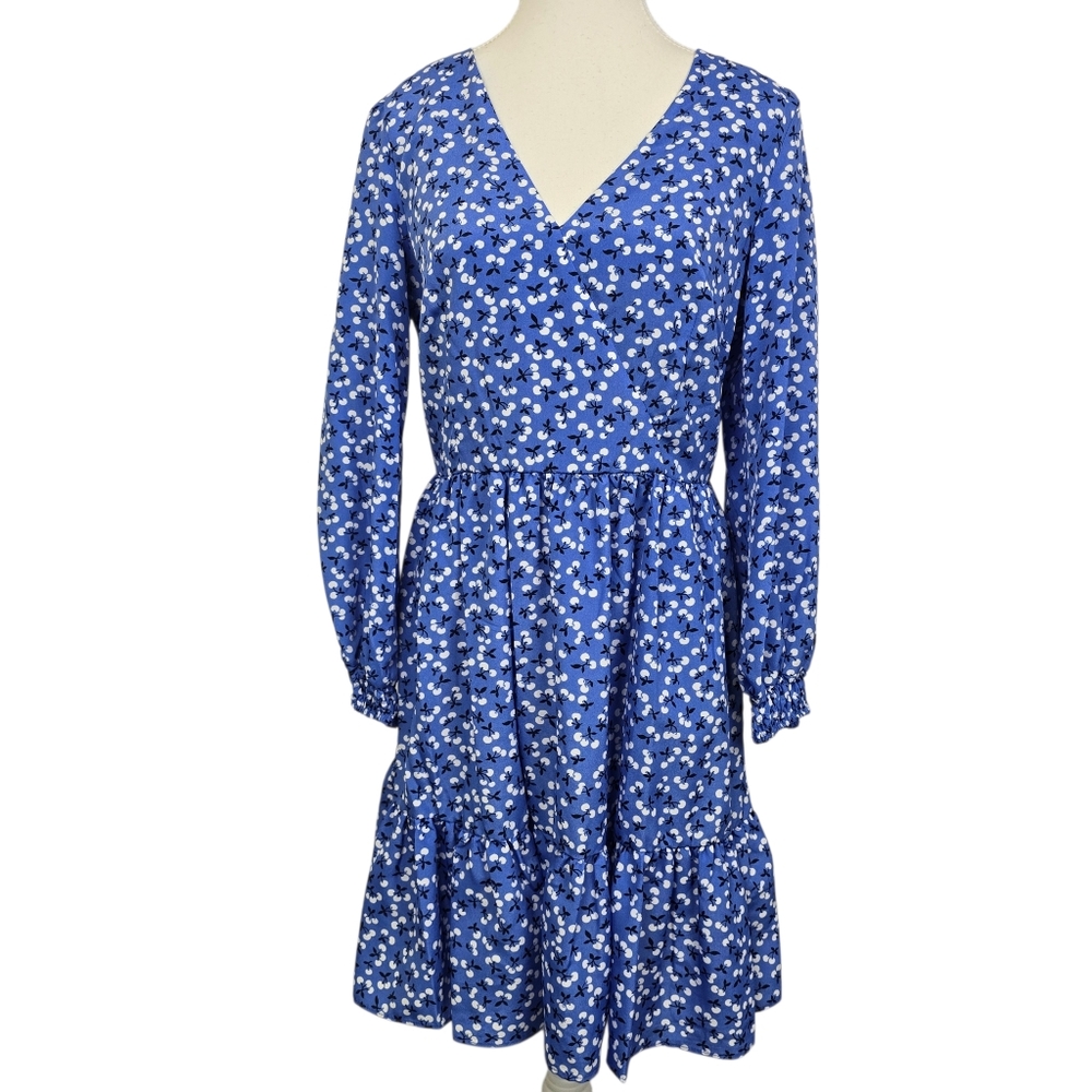 Eliza J Size 8 Blue Cherry Print Long Sleeve Midi Dress Romantic Coquette A-line